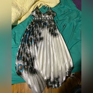 Silk dress with peacock feather design. Barely worn.